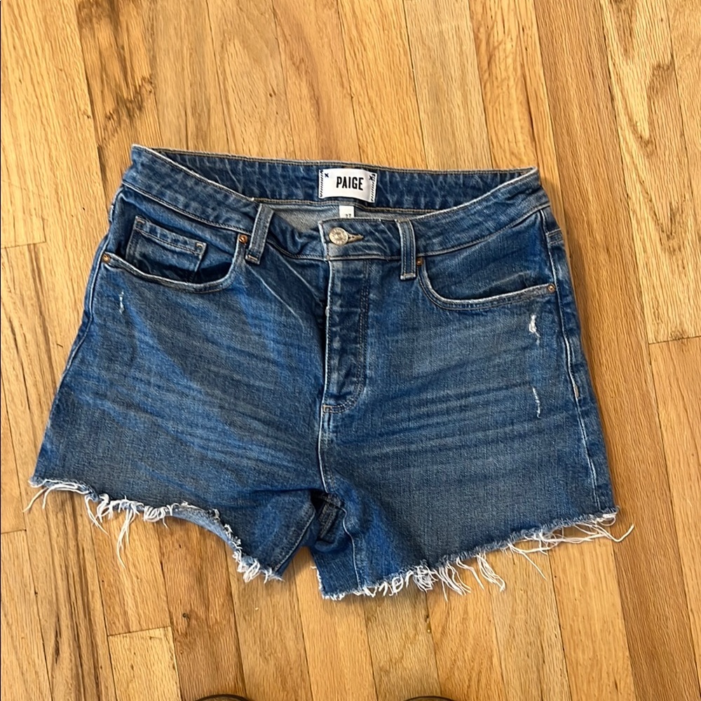 PAIGE High-Rise Noella Frayed Hem Denim Shorts - Blue - Picture 2 of 4